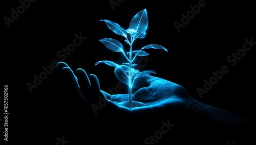 Futuristic Digital Plant Growing from Hand in Dark Background with Neon Blue Light photo