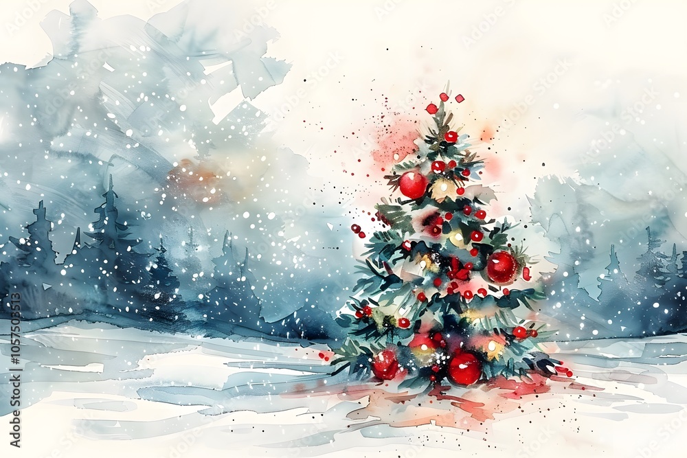 Enchanting Watercolor Christmas Tree in a Winter Wonderland