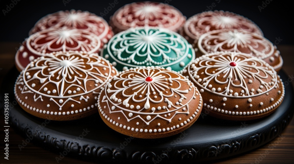 A close-up of intricately decorated gingerbread cookies, showcasing a variety of colors and patterns, resting on a black platter against a dark background. A close-up of intricately decorated gingerbread cookies, showcasing a variety of colors and patterns, resting on a black platter against a dark background.