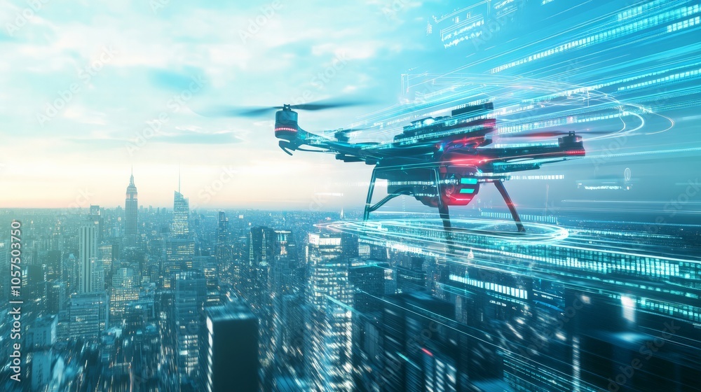 Automated delivery drone transporting a package across a city skyline with digital tracking overlays. Automated delivery drone transporting a package across a city skyline with digital tracking overlays.