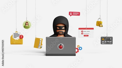 Hacking or cyber attack, phishing alert, personal data security. Personal information at risk, username, password, cyber security. 3D hacker stealing personal information using laptop. 4K 3D animation