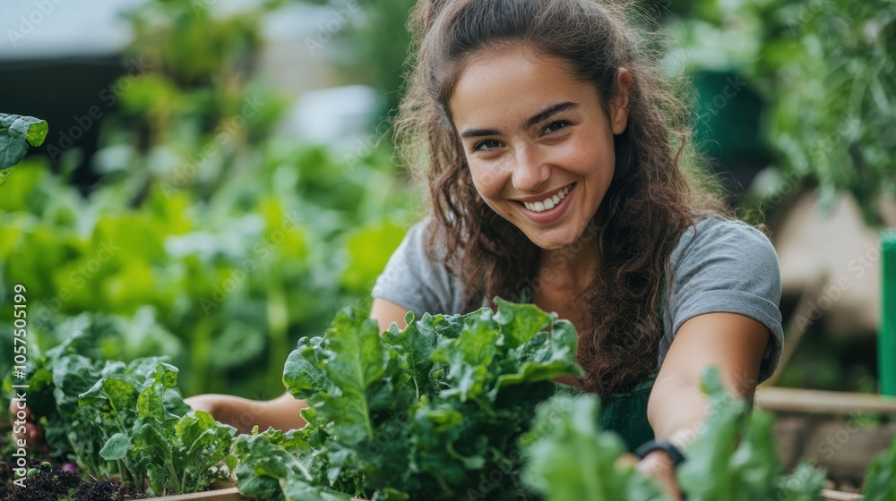 Woman Smiling with Green Plants in a Garden Woman Smiling with Green Plants in a Garden