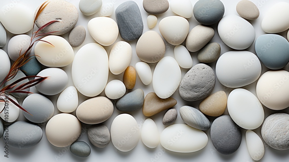 A collection of smooth pebbles in various colors and shapes, arranged artistically. A collection of smooth pebbles in various colors and shapes, arranged artistically.