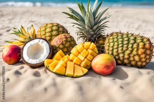 Assorted tropical fruits including pineapple mango and coconut on a beachside background, AI Generated photo