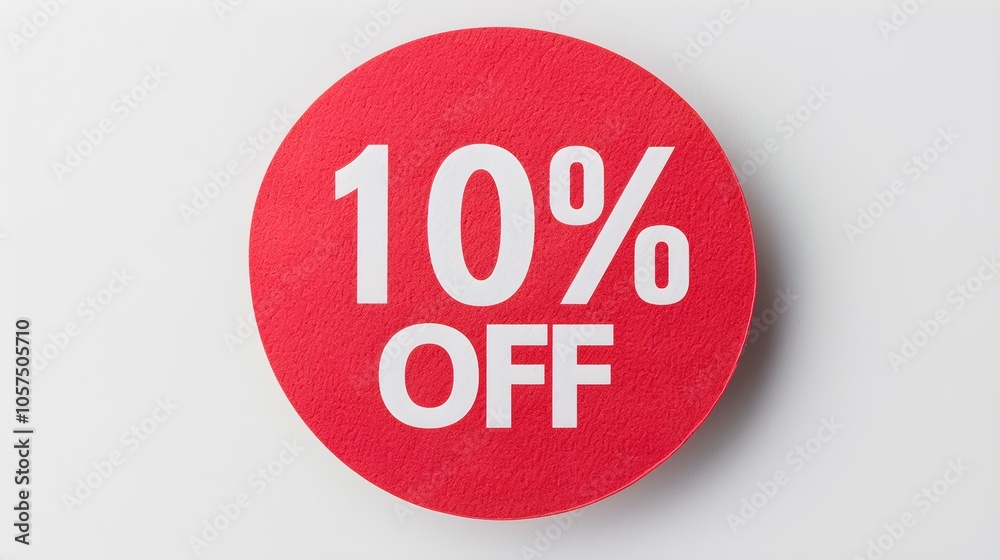 White '10% OFF' Text on a Red Round Paper Note. White Background with Copy Space White '10% OFF' Text on a Red Round Paper Note. White Background with Copy Space