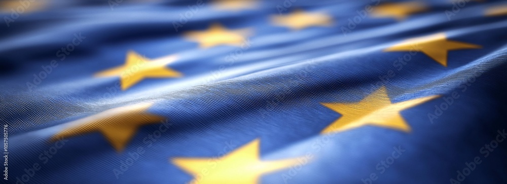 European Union flag fluttering against a clear blue sky on a sunny day, symbolizing unity and cooperation among European nations European Union flag fluttering against a clear blue sky on a sunny day, symbolizing unity and cooperation among European nations