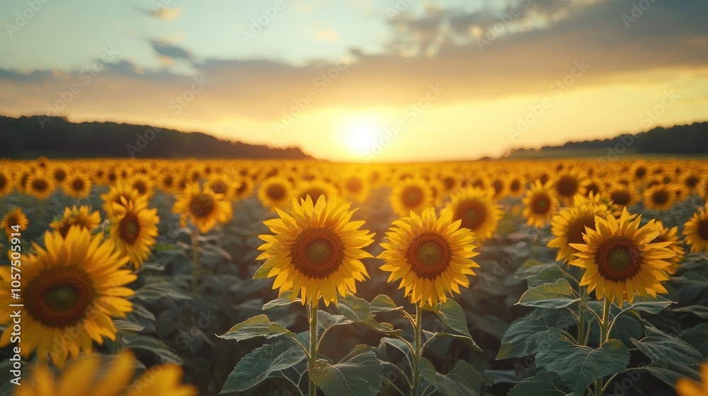 Obraz premium Two Sunflowers in a Field at Sunset