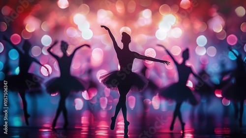 Through the defocused crowd the silhouettes of ballerinas pirouette gracefully on stage. photo