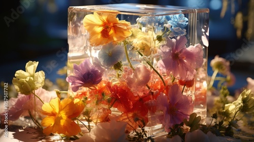 A delicate arrangement of vibrant flowers encased in a clear, frozen block, creating a stunning display of nature's artistry.