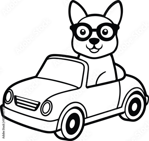 Dog in car vector art illustration on a white background
