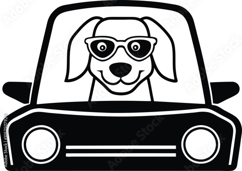 Dog in car vector art illustration on a white background