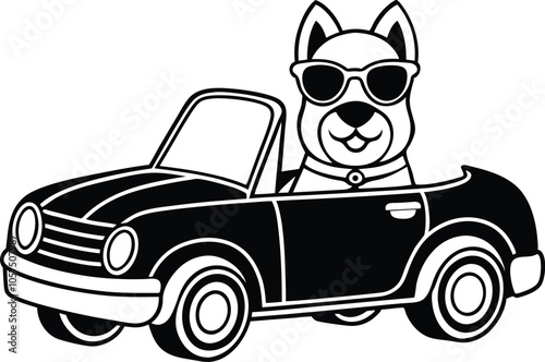 Dog in car vector art illustration on a white background