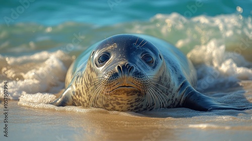 A seal resting on a sandy beach near the ocean waves. photo