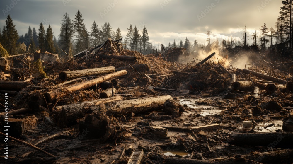 A chaotic landscape of fallen trees and debris, with smoke rising from the remnants of a fire, creating an image of nature's destructive power. A chaotic landscape of fallen trees and debris, with smoke rising from the remnants of a fire, creating an image of nature's destructive power.