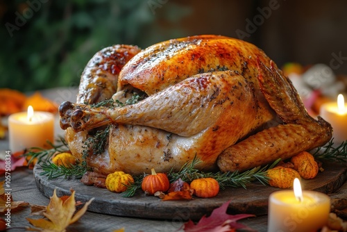 thanksgiving feast, thanksgiving turkey, perfectly roasted, displayed on a wooden table with autumn leaves and candles, emanating a warm ambiance photo