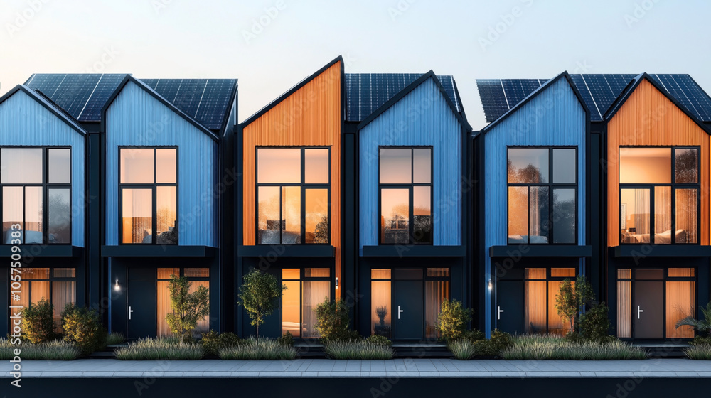 Modern row of colorful modular homes with large windows and solar panels on rooftops, featuring a neat landscaped exterior with small trees and shrubs along the sidewalk. Modern row of colorful modular homes with large windows and solar panels on rooftops, featuring a neat landscaped exterior with small trees and shrubs along the sidewalk.