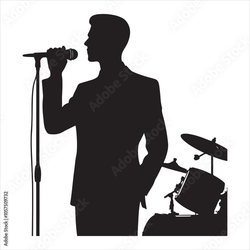 Minimalistic black silhouette of a seated guitarist playing guitar on a white background