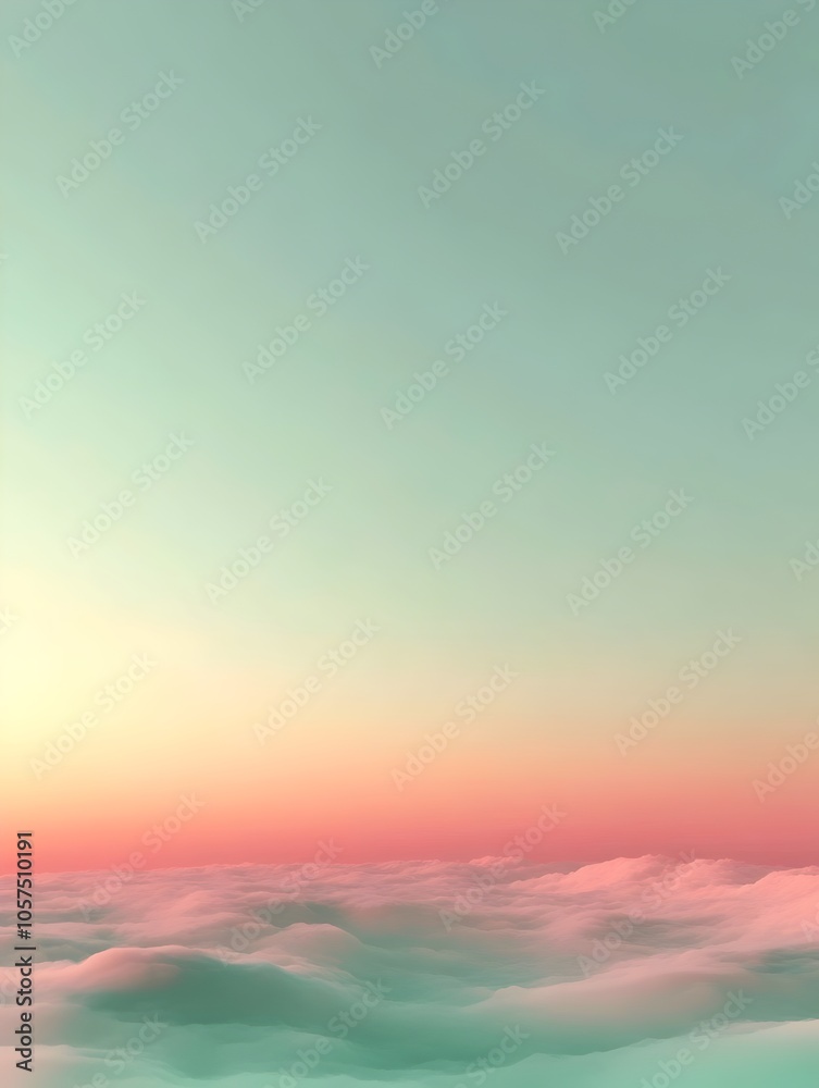 A serene view of soft clouds blanketing the horizon under a pastel-colored sky, blending shades of mint green and soft pink, evoking tranquility and calmness. A serene view of soft clouds blanketing the horizon under a pastel-colored sky, blending shades of mint green and soft pink, evoking tranquility and calmness.