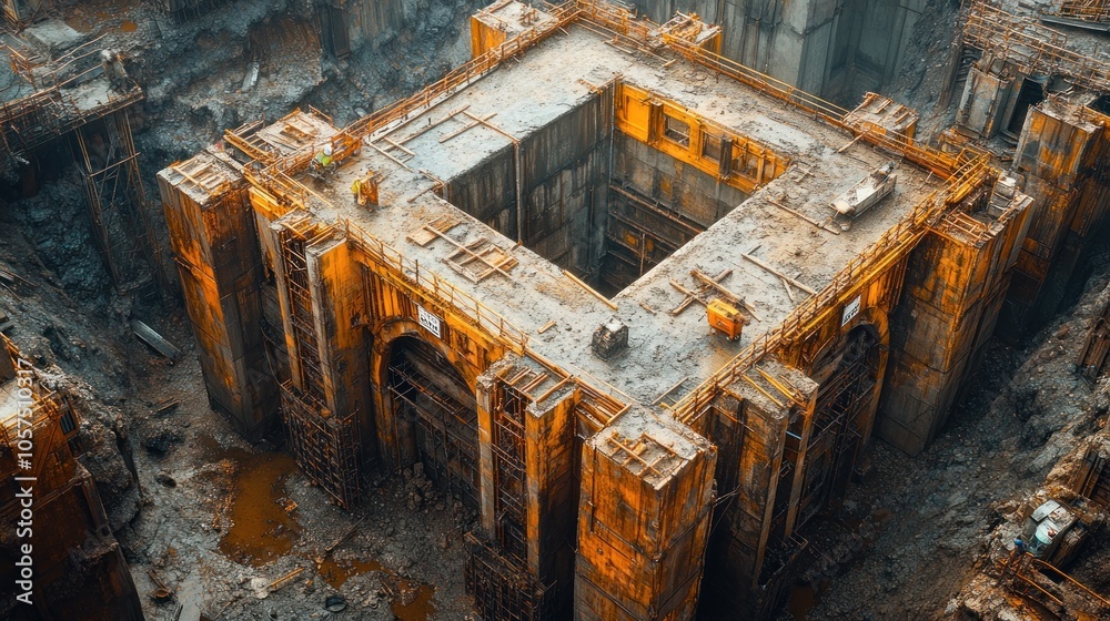 Aerial view of an industrial construction site with rusty structures. Aerial view of an industrial construction site with rusty structures.