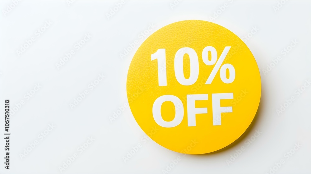 White '10% OFF' Text on a Yellow Round Paper Note. White Background with Copy Space White '10% OFF' Text on a Yellow Round Paper Note. White Background with Copy Space