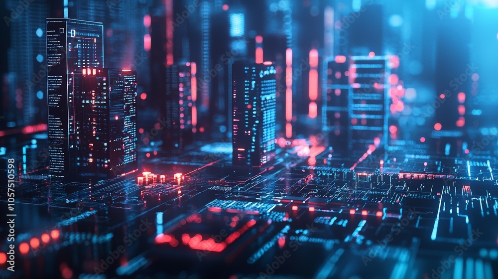 Digital cityscape illustration with neon blue and red lights Digital cityscape illustration with neon blue and red lights