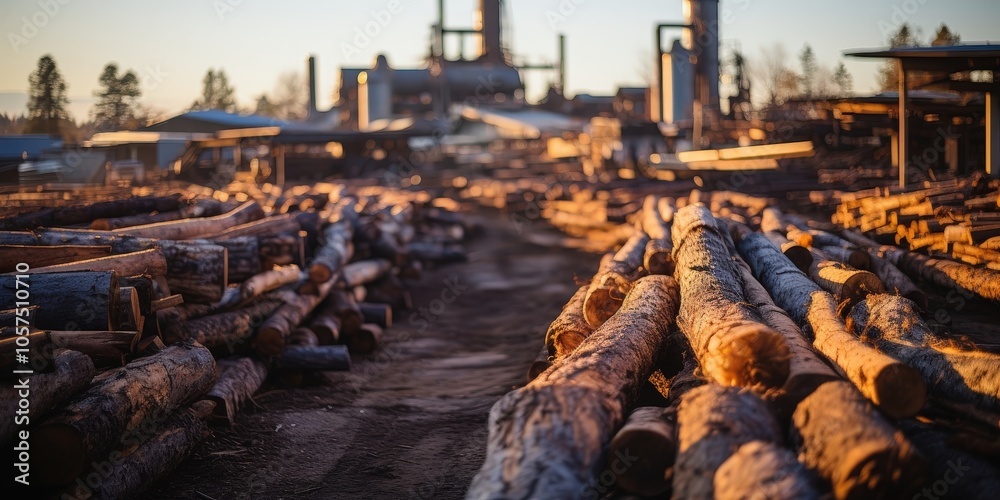 Logs stacked high in a lumber yard, bathed in the golden glow of the setting sun Logs stacked high in a lumber yard, bathed in the golden glow of the setting sun