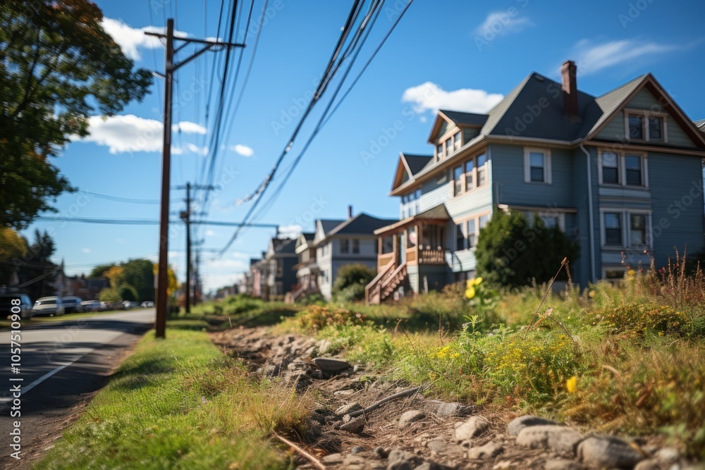 A street lined with houses and power lines under a clear blue sky. A street lined with houses and power lines under a clear blue sky.