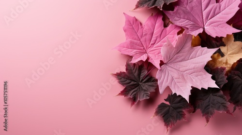 A delicate arrangement of fallen leaves in shades of pink, purple, and brown against a pale pink backdrop.