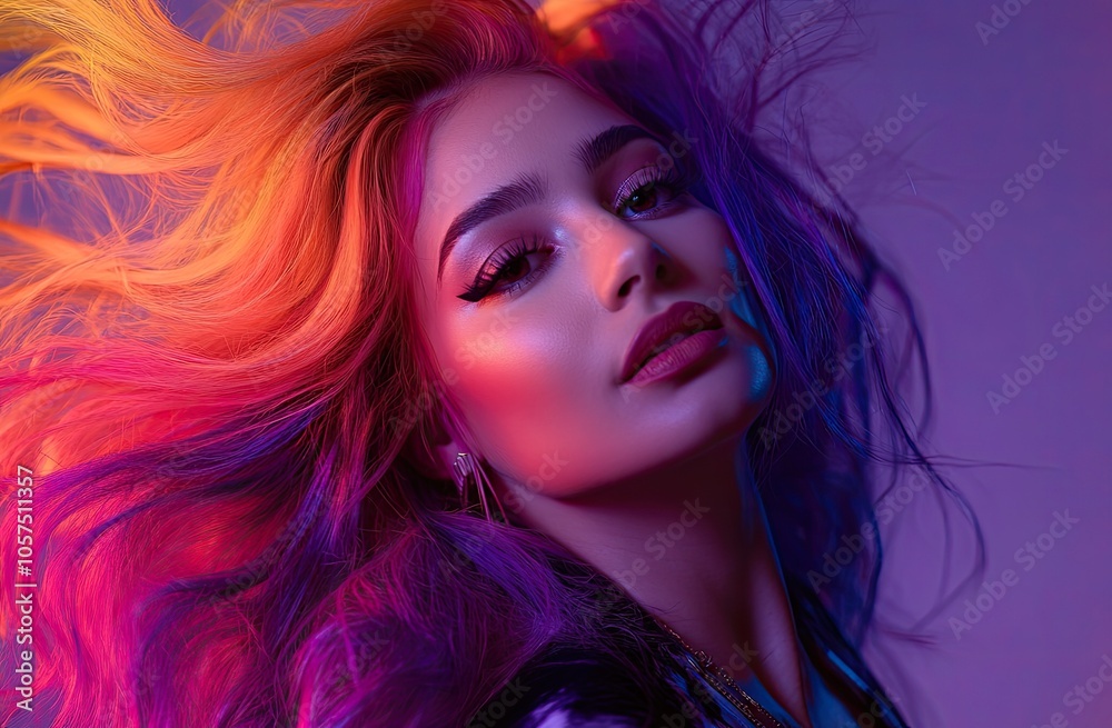 beautiful woman with colorful hair, hair salon ad photo, hair model, flowing purple and red ombre colored hair beautiful woman with colorful hair, hair salon ad photo, hair model, flowing purple and red ombre colored hair