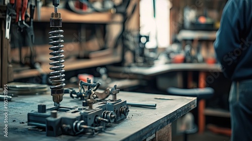 Wallpaper Mural Close-up of a contractor adjusting garage door springs in a workshop, highlighting safety practices and modern tools. Torontodigital.ca