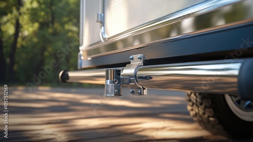 Close-up of trailer hitch with secure coupling, representing transportation stability on a sunny day.