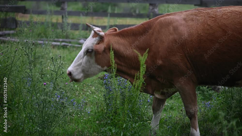 Brown and white cow peacefully grazing in a lush, fenced pasture. Experience the tranquility of rural farm life in this serene setting Brown and white cow peacefully grazing in a lush, fenced pasture. Experience the tranquility of rural farm life in this serene setting