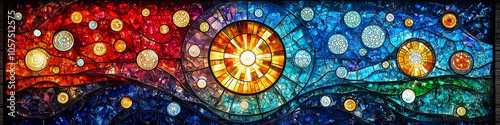 Stunning abstract stained glass artwork featuring a celestial theme with vibrant colors, ideal for wall art, decoration, or spiritual ambiance in design.