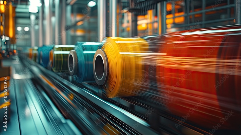 Colorful rolls rotating on a high-tech press, industrial scene with metallic finishes and dynamic movement. Colorful rolls rotating on a high-tech press, industrial scene with metallic finishes and dynamic movement.