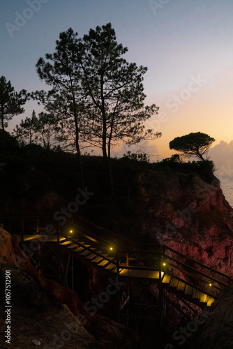 Spectacular orange sunset on Portugal coast. Silhouette of trees. Orange sky. Beautiful landscape. 