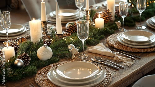 Elegant christmas table setting with candles, pinecones, and greenery for a festive dinner