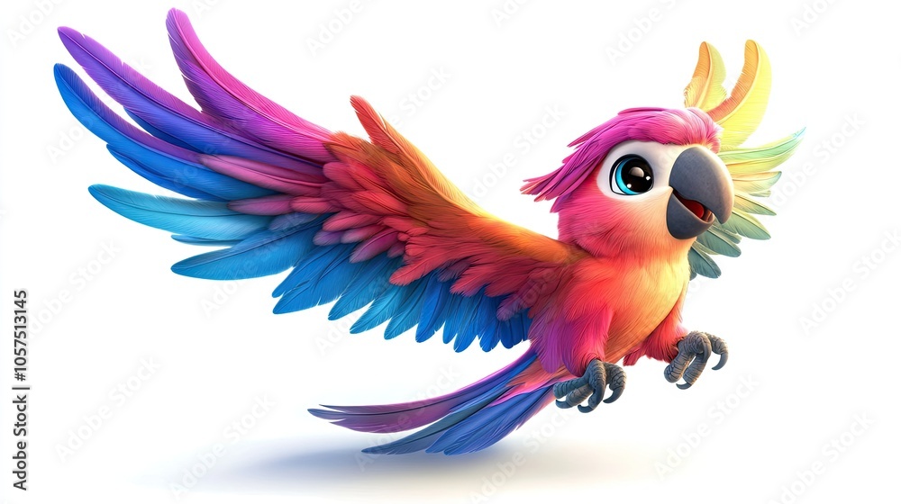 Fototapeta premium Cute cartoon parrot with bright feathers in mid-flight, playful and colorful, isolated on white.