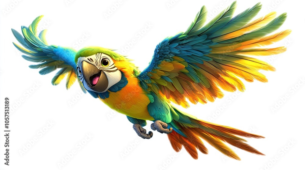 Fototapeta premium Cute cartoon parrot with bright feathers in mid-flight, playful and colorful, isolated on white.