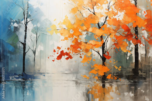 Abstract oil painting of trees with orange leaves on the water, misty forest, foggy morning, reflection in the lake surface, light blue and white color palette, soft lighting, modern art style