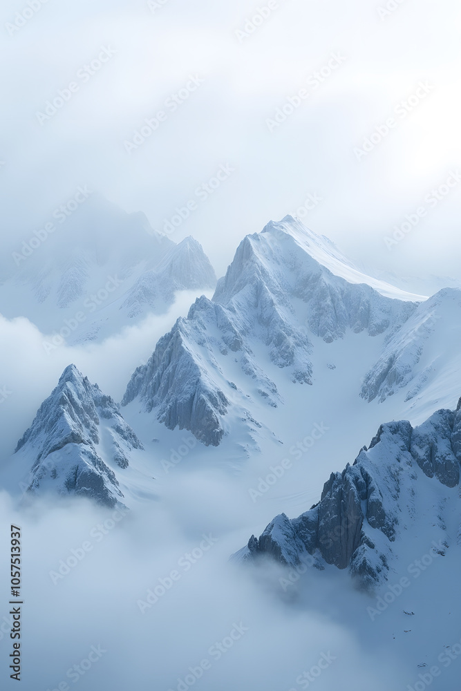 Obraz premium Ethereal snow-capped mountains shrouded in misty fog at sunrise