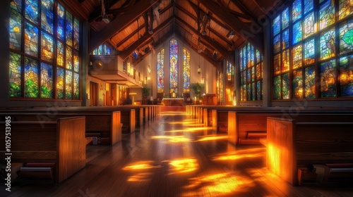 Empty church interior, soft morning light illuminating wooden pews and stained glass, conveying peace and spirituality.