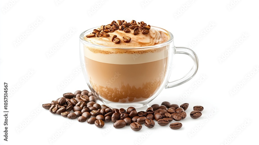 Frothy dalgona coffee in a clear glass cup, with coffee beans on the table, symbolizing a perfect coffee moment. Frothy dalgona coffee in a clear glass cup, with coffee beans on the table, symbolizing a perfect coffee moment.