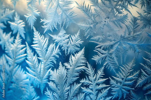 Frosted patterns create a beautiful blue and white backdrop, showcasing intricate ice crystals formed in cold conditions.