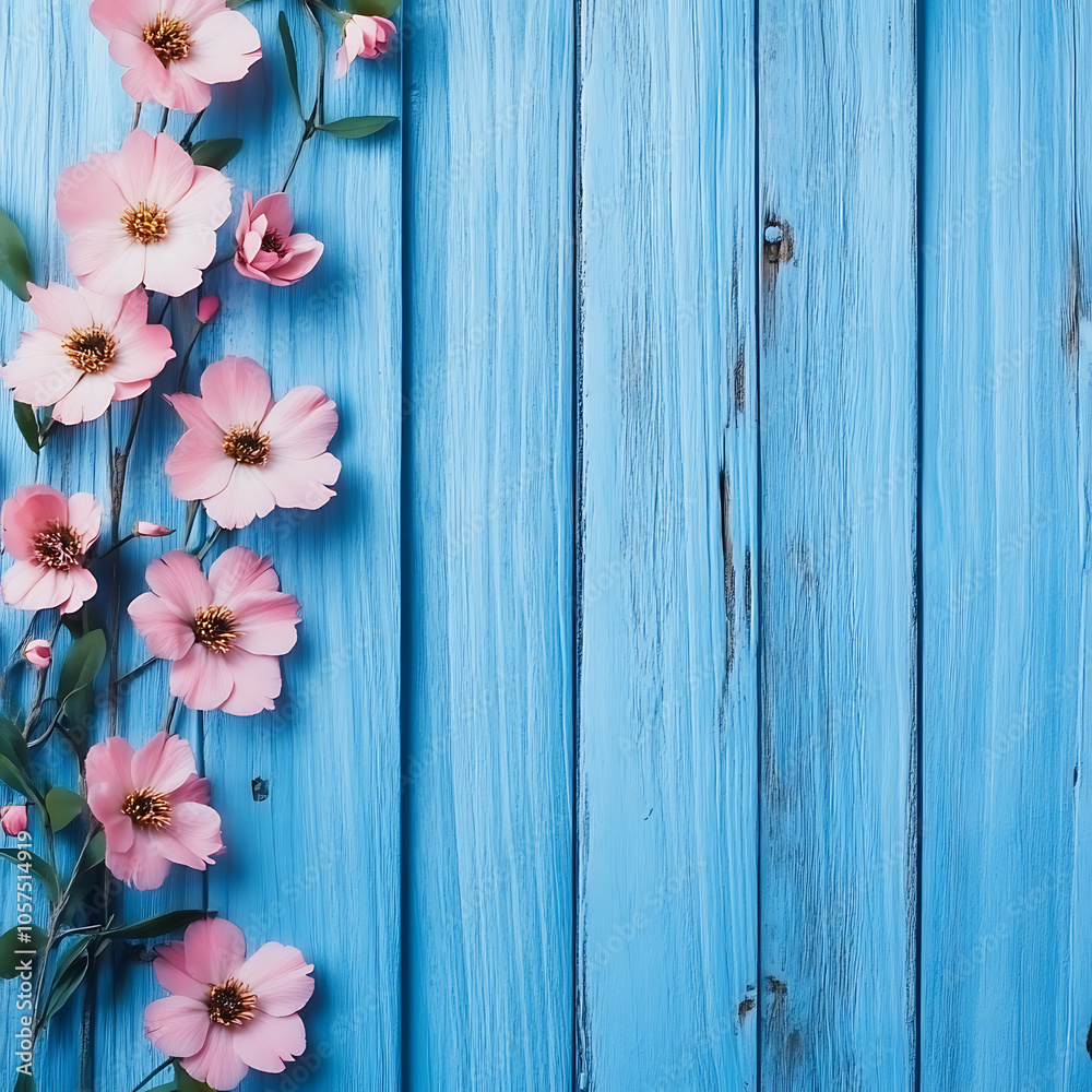 Blue wooden background with pink flowers Blue wooden background with pink flowers