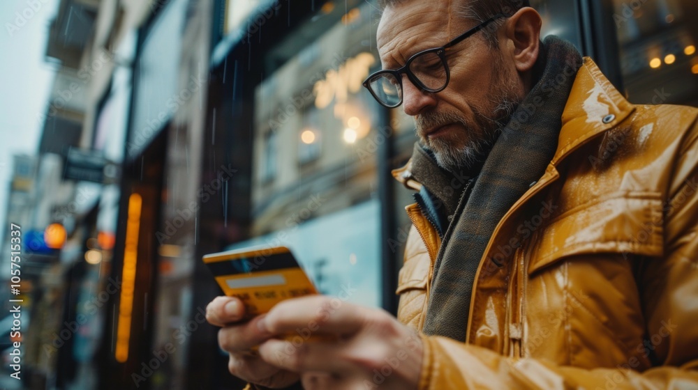 A man in a yellow coat, glasses, using a smartphone, holds a credit card on a gloomy, potentially rainy day in front of a building. A man in a yellow coat, glasses, using a smartphone, holds a credit card on a gloomy, potentially rainy day in front of a building.