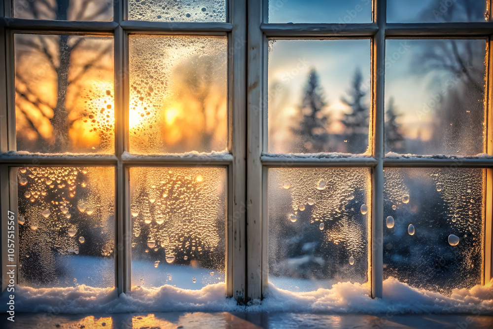 Naklejka premium A frosty window captures a luminous sunset, with droplets glistening and snow adorning the sill, creating a serene winter atmosphere.