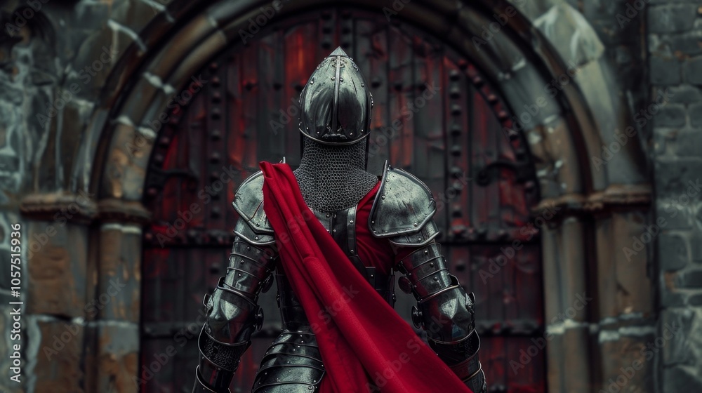 Obraz premium Medieval knight in maroon cloak and detailed armor rests near a wooden door with wrought-iron details. Mystery and anticipation fill the dark background.