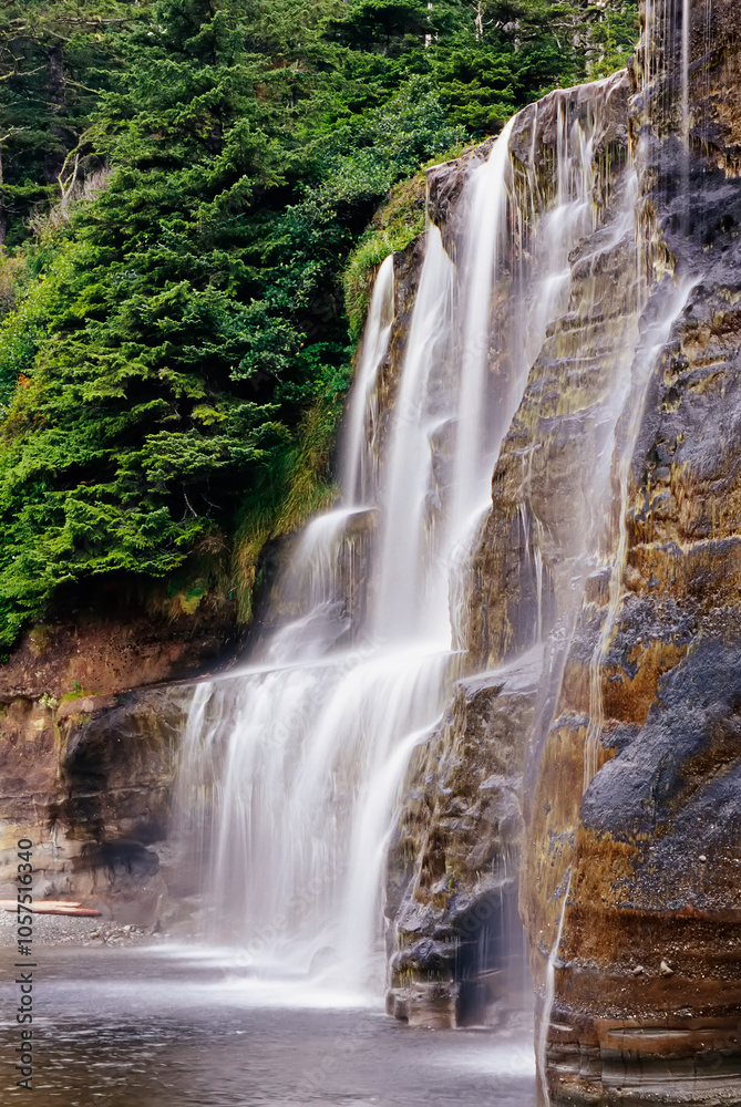 Tsusiat Falls along the West Coast Trail in Pacific Rim National Park Reserve on Vancouver Island, BC, Canada; British Columbia, Canada