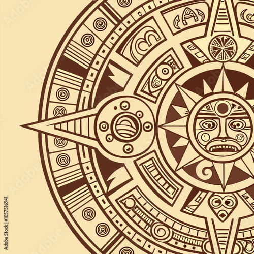 A detailed illustration of the Aztec calendar, featuring a central sun god and intricate geometric patterns.