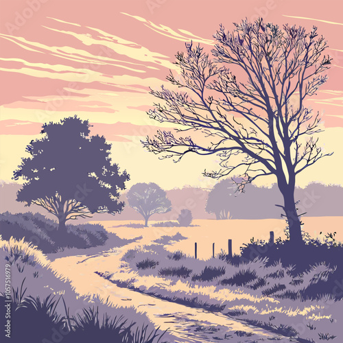 A serene landscape painting depicting a winding path through a field, with trees silhouetted against a vibrant sunset sky. The soft colors and gentle curves create a sense of tranquility and peace.